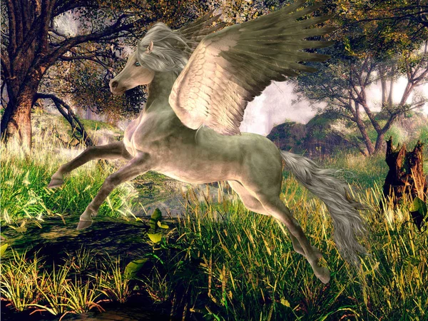 Золотистый Белый Пегас Летит Через Лес Волшебных Крыльях — стоковое фото