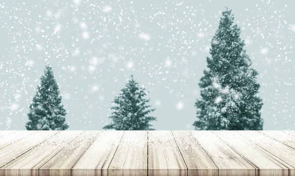 Рождество Новый Год Деревянная Столешница Расплывчатой Елкой Ель Снегопаде Можно — стоковое фото