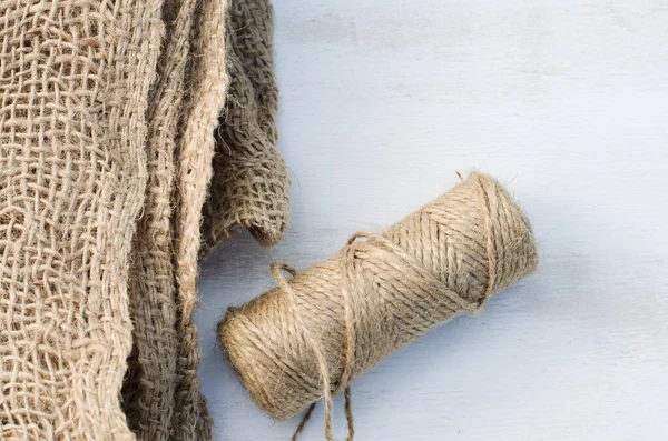 Skein Jute Twine Burlap Wooden Background Rustic Style Selective Focus — Stock Photo, Image