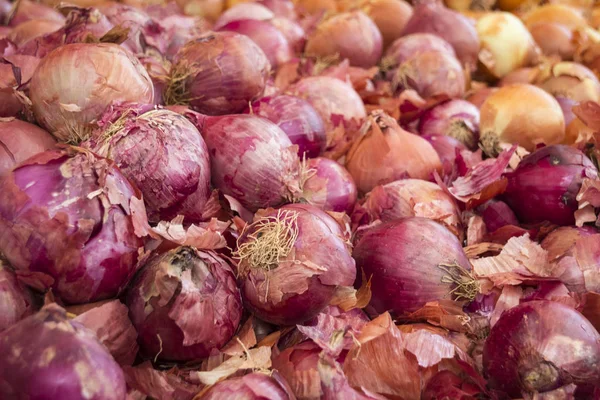 Primer Plano Cebollas Stand Mercado Semanal Grecia — Foto de Stock