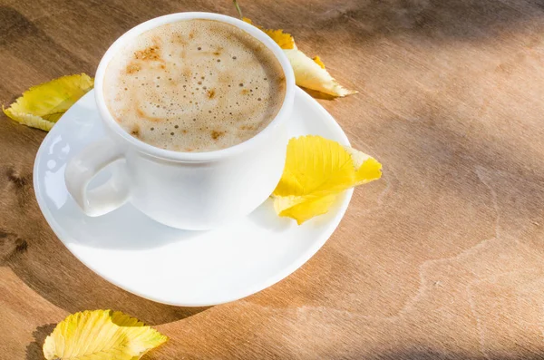 Cappuccino Coffee Latte Foam White Cup Inscription Good Morning Wooden — Stock Photo, Image