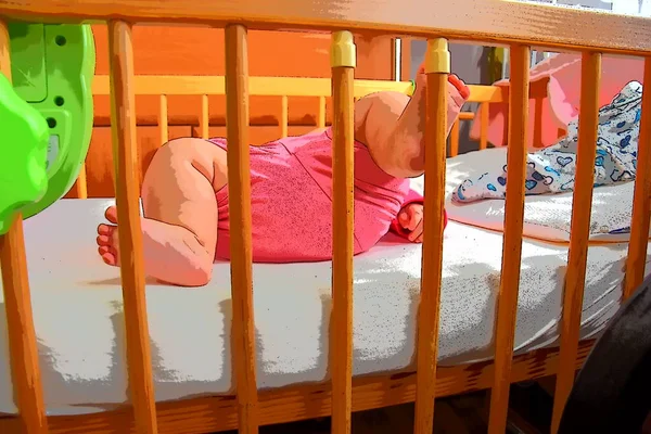 Baby Infant Feet Sticking Out Rails Crib Cot Beautiful Background — Stock Photo, Image