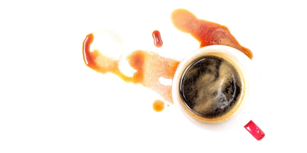 Espresso Beyaz Arka Planda Kahve Lekeleri Olan Bir Fincan Panorama — Stok fotoğraf