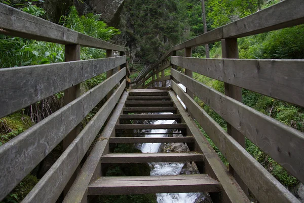 Caminata Madera Pavimentada Con Cascada Bosque Estiria Durante Día — Foto de Stock