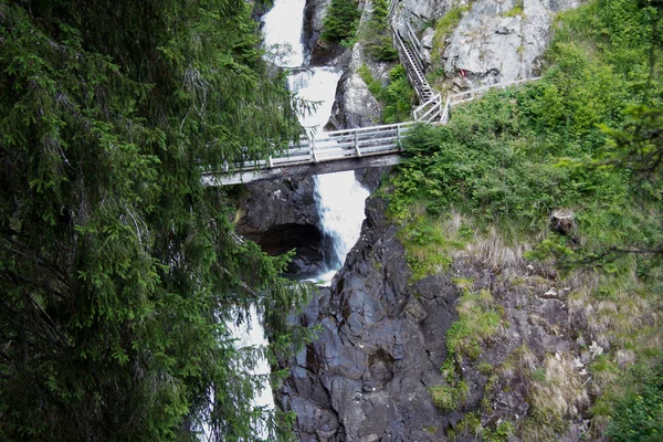 Drewniany Most Nad Wodospadem Lesie Styrii Dzień — Zdjęcie stockowe