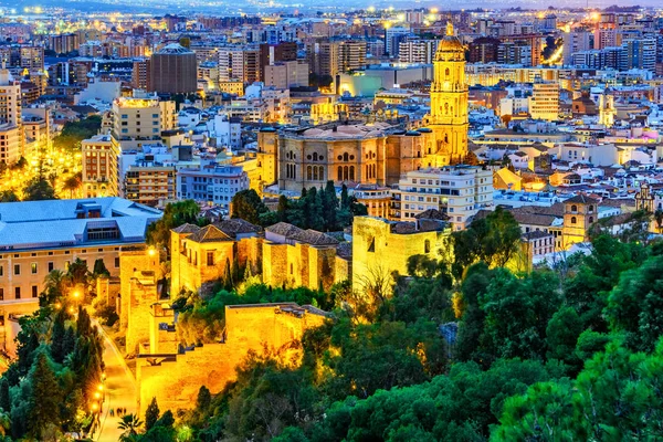 Cattedrale Spazio Urbano Dal Castello Notte Malaga Andalusia Costa Del — Foto Stock