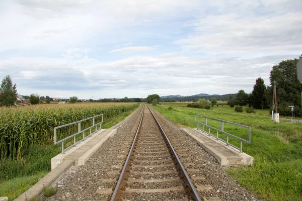 railway tracks between fields and meadows in styria during the day