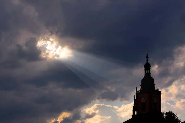 Viga Luz Sobre Torre Iglesia Eltville Rheingau Hessen Germany — Foto de Stock