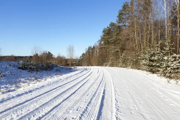 Αγροτικός Δρόμος Καλυμμένος Χιόνι Χειμώνα Στα Δέντρα Στην Άκρη Του — Φωτογραφία Αρχείου