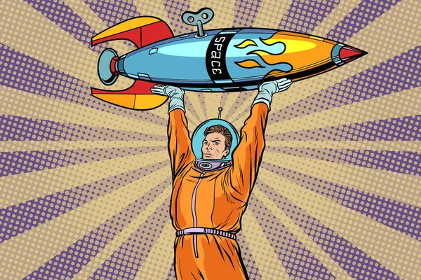 Astronauta Trzymający Rakietę Kosmiczną Pop Art Retro Wektor Ilustrator — Zdjęcie stockowe