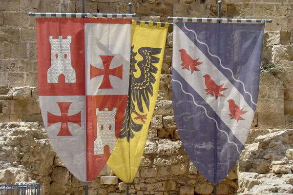 Three Old Crusaders Flags Coat Arms Castle Acre Mediterranean Coast — Stock Photo, Image