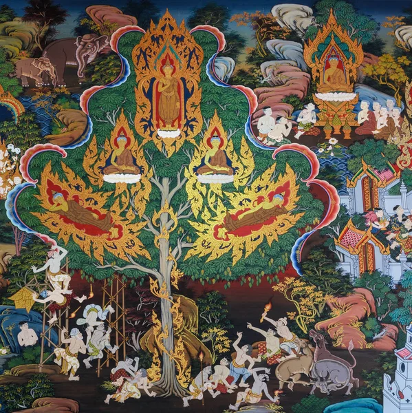 Antigua Pintura Mural Del Templo Budista Vida Buda Ayutthaya Tailandia —  Fotos de Stock