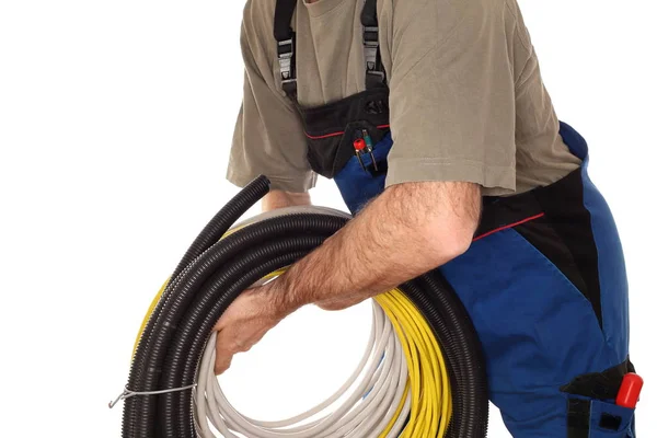 Electricista Con Cable Tuberías — Foto de Stock