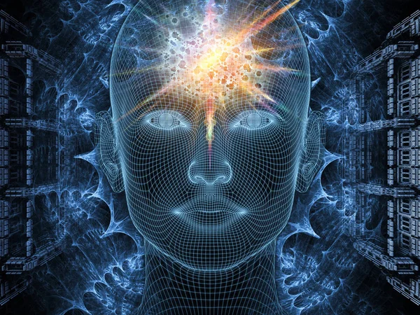 Radiating Mind series. 3D rendering abstraction composed of wire-mesh model of human head and fractal pattern on the subject of human mind, artificial intelligence and virtual reality