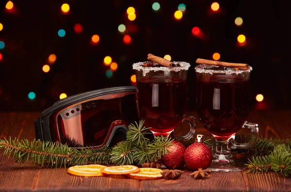Mulled Wine Fir Branches Ski Glasses Christmas Decoration Wooden Table — Stock Photo, Image