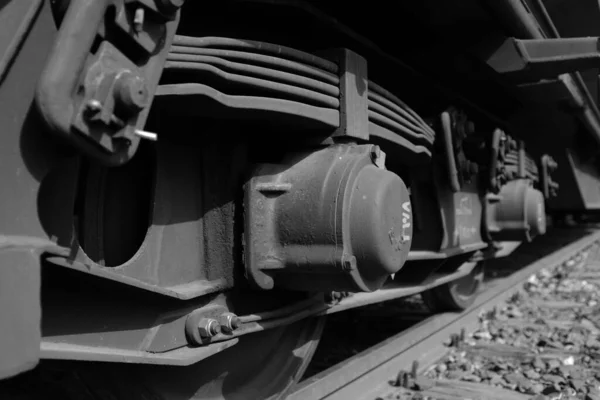 Pociąg Kolejowy Koła Wózek Czarny Biały — Zdjęcie stockowe