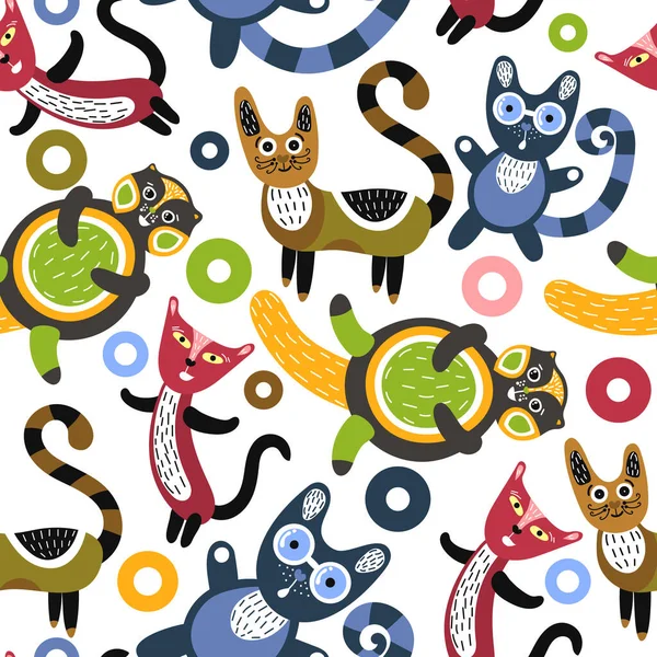 Seamless Pattern Funny Cats Artistic Background Cute Kittens Colorful Animals — Stock Photo, Image