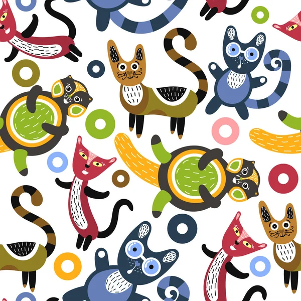 Seamless pattern with funny cats. Artistic background with cute kittens. Colorful animals. Favorite pets. Can be used for wallpaper, textiles, wrapping, card or cover for children. Vector, eps10