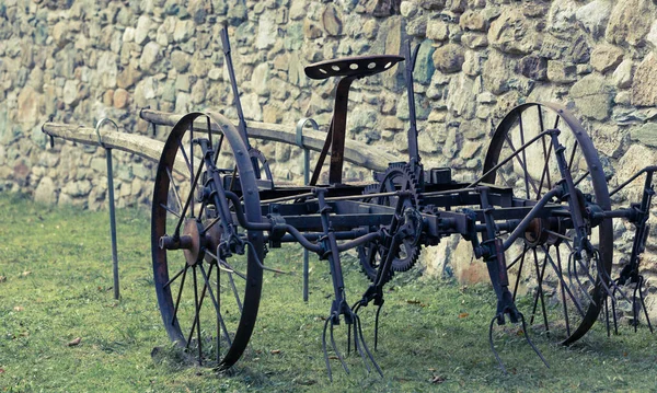 緑のグラの上に立って壁の前に歴史的なドイツの干し草のターナー 馬の運転 — ストック写真