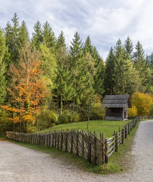 側面と正面に見られるパスと秋に古いフェンスとアルプスの古い木製の小屋 — ストック写真