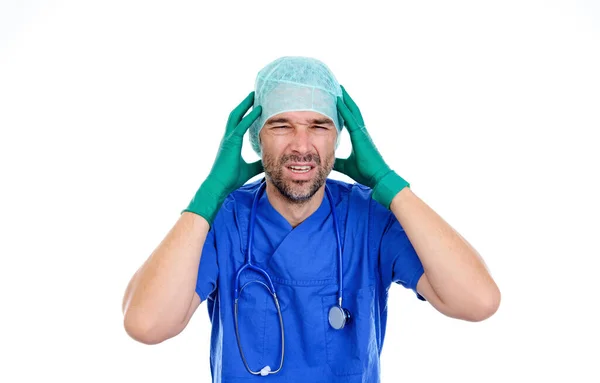 Médico Joven Con Dolores Cabeza Frente Fondo Blanco —  Fotos de Stock