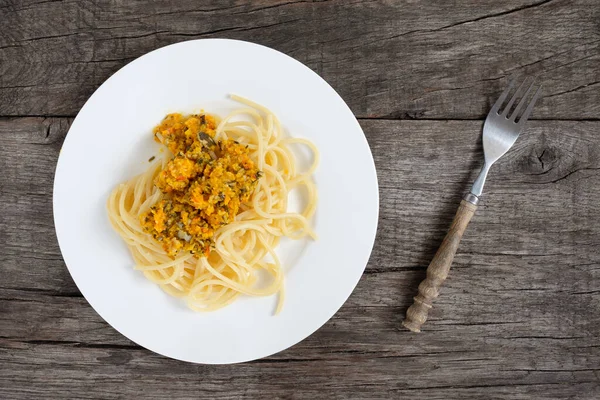 Spaghetthi Pesto Pumpkin Parmesan Rustic Table — Stock Photo, Image