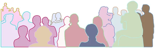 people,crowd,group of people illustrated as differently colored silhouettes with contour in pastel colors against white background