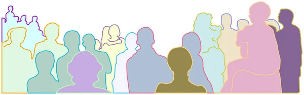 people,crowd,group of people illustrated as differently colored silhouettes with contour in pastel colors against white background