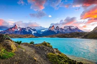 Torres del Paine over the Pehoe lake, Patagonia, Chile - Southern Patagonian Ice Field, Magellanes Region of South America clipart