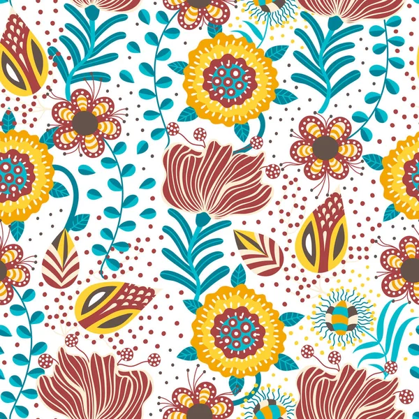 Florales Nahtloses Muster Handgezeichnete Kreative Blumen Volkstümlichen Stil Farbenfroher Künstlerischer — Stockfoto