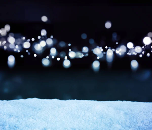 Νύχτα Του Χειμώνα Χιόνι Και Φωτεινά Λευκά Φώτα Για Φόντο — Φωτογραφία Αρχείου