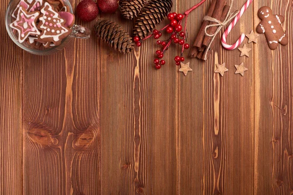 Christmas Decor Gingerbreads Wooden Background Copy Space Text Top View — Stock Photo, Image