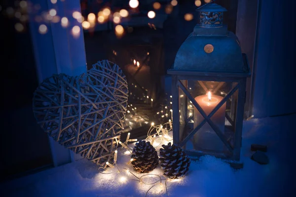 Jul Stilleben Natten Med Blått Ljus Och Lykta — Stockfoto
