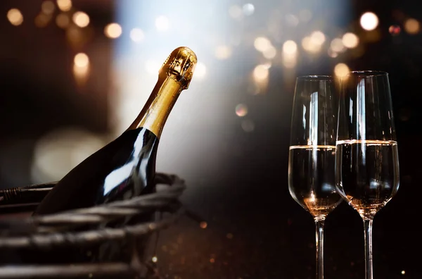 Natura Morta Con Champagne Sfondo Festivo Bokeh — Foto Stock