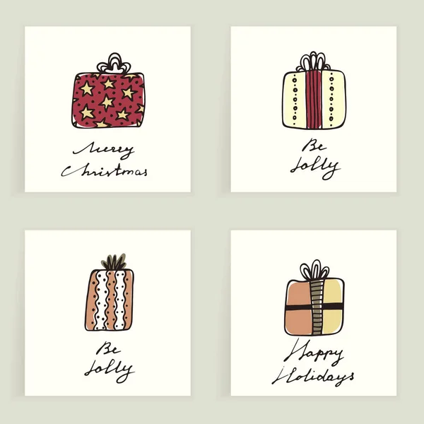 Set Van Vier Kaarten Hand Getekend Kleurrijke Geschenken Geïsoleerd Wit — Stockfoto