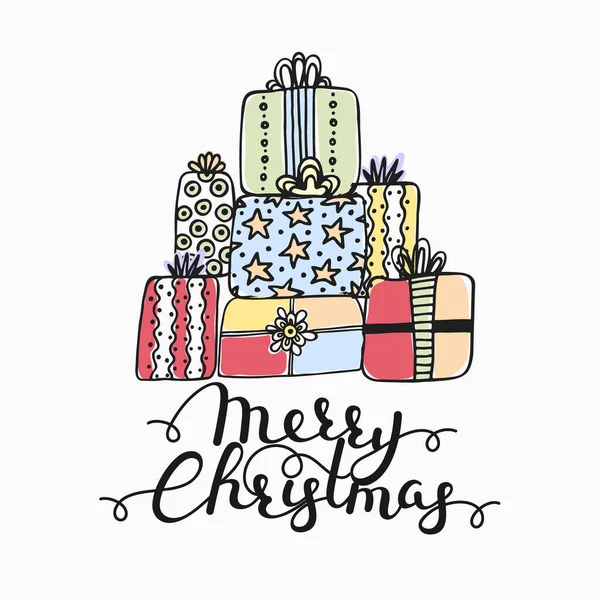 Met Hand Geschenken Geïsoleerd Wit Vrolijk Kerstfeest Artistieke Achtergrond Met — Stockfoto