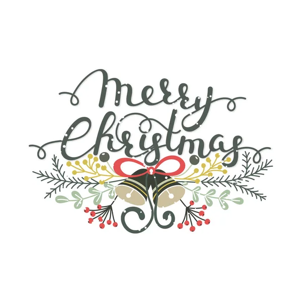 Vrolijk Kerstfeest Handgeschreven Letters Handgetekende Kruiden Bellen Kalligrafie Wintervakantie Wensen — Stockfoto