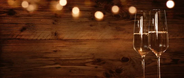 Sfondo Legno Rustico Con Bokeh Dorato Champagne Congratulazioni — Foto Stock