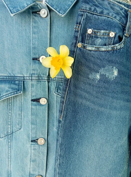 A jeans jacket and a pair of jeans make up a double denim fashion trend. A tulip flower is placed inside the clothing.