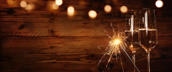 Rustic Wooden Wall Champagne Sparkler Festive Occasion — Stock Photo, Image