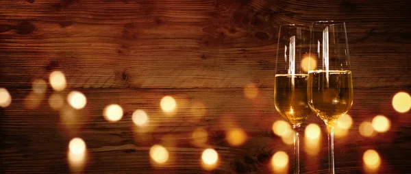 Muro Legno Rustico Con Champagne Bokeh Oro Festivo Una Celebrazione — Foto Stock