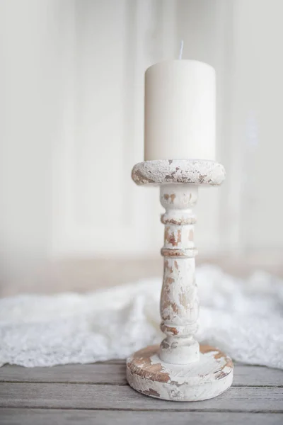 Still Life White Candle Vintage Style Wooden Altar — Stock Photo, Image