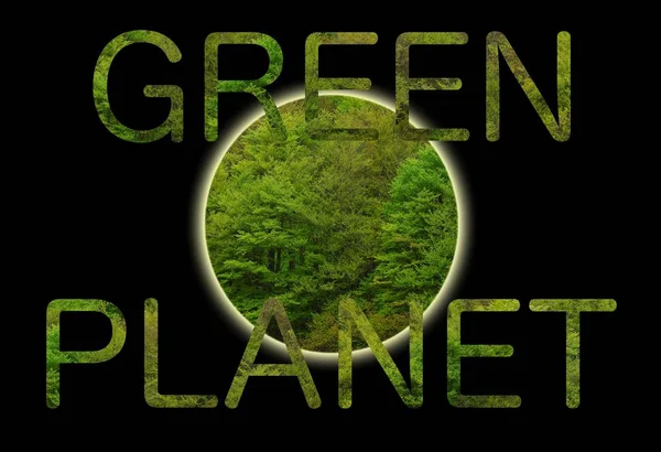 Zöld Bolygó Szöveg Egy Földgömb Zöld Lombozat Fekete Alapon — Stock Fotó