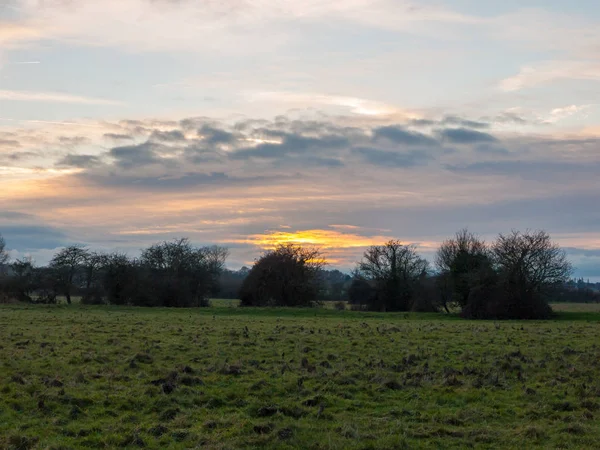 Empty Wet Grass Field Low Light Sunset Landscape Dedham Plain — Stock Photo, Image