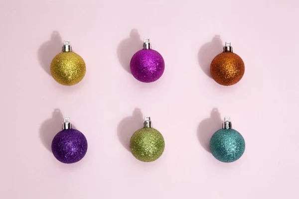 Set Sparkle Christmas Balls Pop Pink Color Background Minimal Color — Stock Photo, Image