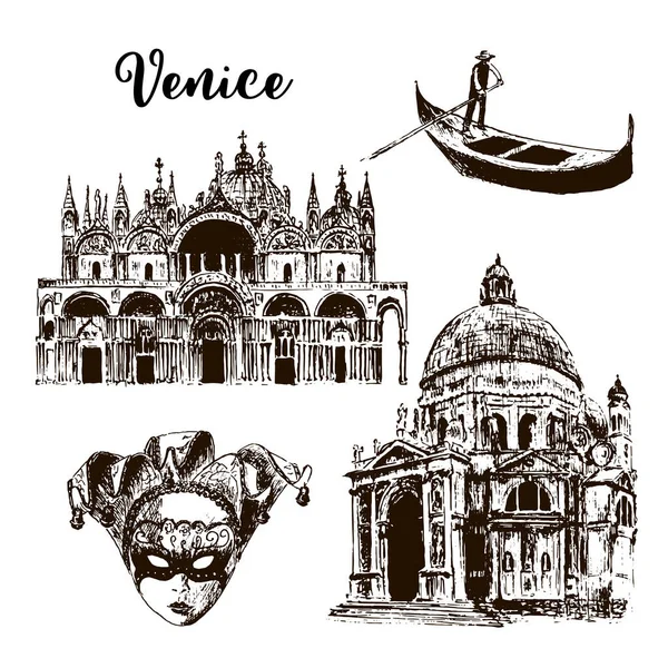 Venice architectural symbols set: gondola, Carnival mask, basilica, San Marco, Santa Maria della Salute, vector sketch illustration. For prints, textile, advertising, city panorama