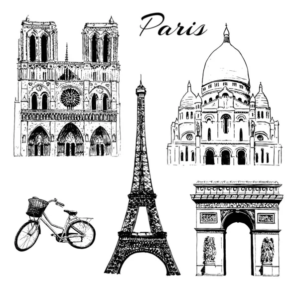 Set Paris Symbols Eiffel Tower Notre Dame Arc Triomphe Basilica — Stock Photo, Image