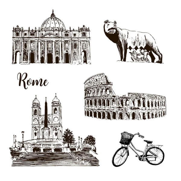 Rome architectural symbols: Coliseum, St. Peter Cathedral, wolf, romulus, remus, twins, bike, Piazza di Spagna. vector sketch illustration. For prints, textile, advertising, City panorama