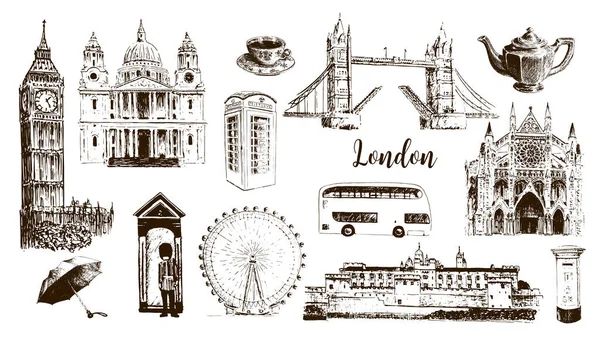 London architectural symbols: Big Ben, Tower Bridge, bus, mail box, call box. St. Paul Cathedral. Beautiful hand drawn vector sketch illustration. For prints, textile, advertising. City panorama