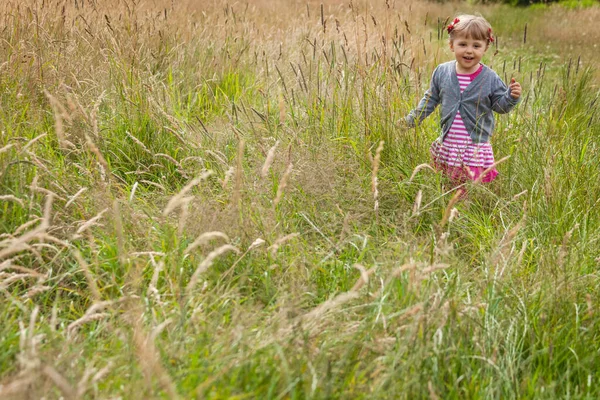 Mädchen Spaziert Herbst Hohen Gras Auf Einer Wiese — Stockfoto